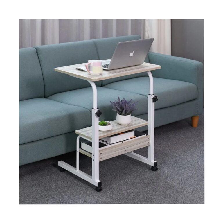 Adjustable Laptop Table with Wheels & Shelf, Lap Desk  60 x 40cm white Maple