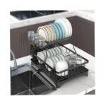 2-Tier Dish Drying Rack with Drainboard – Large Black Stainless Steel Dish Rack for Kitchen Counter