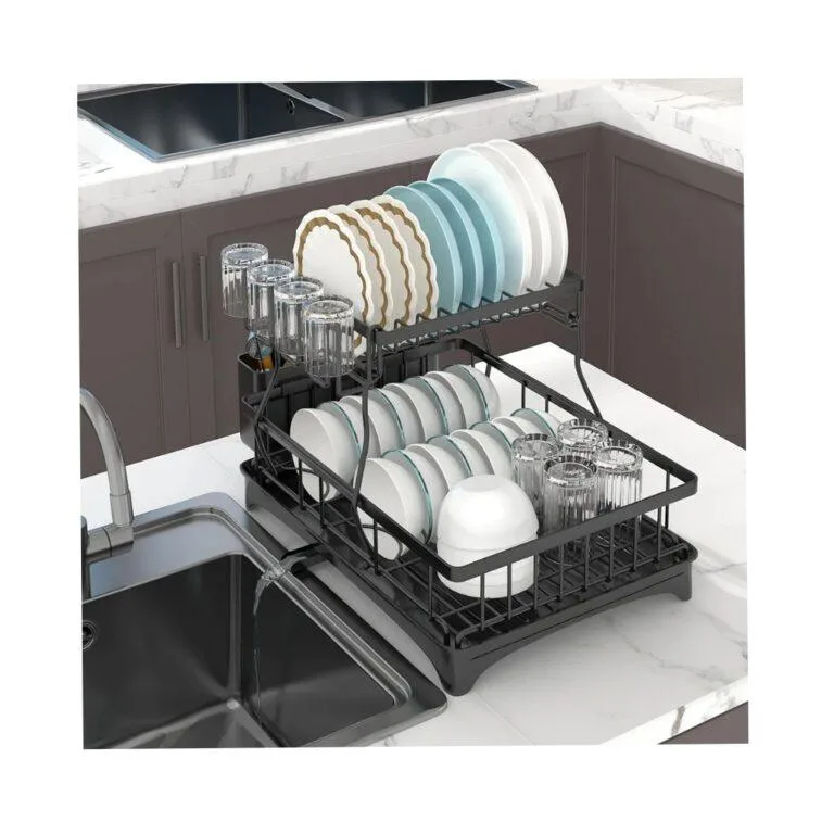 2-Tier Dish Drying Rack with Drainboard – Large Black Stainless Steel Dish Rack for Kitchen Counter