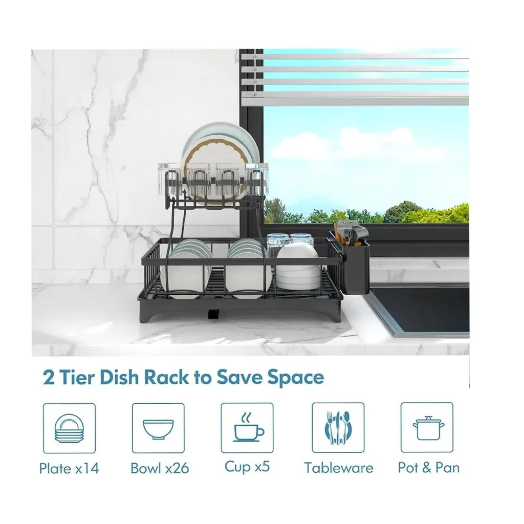 2-Tier Dish Drying Rack with Drainboard – Large Black Stainless Steel Dish Rack for Kitchen Counter