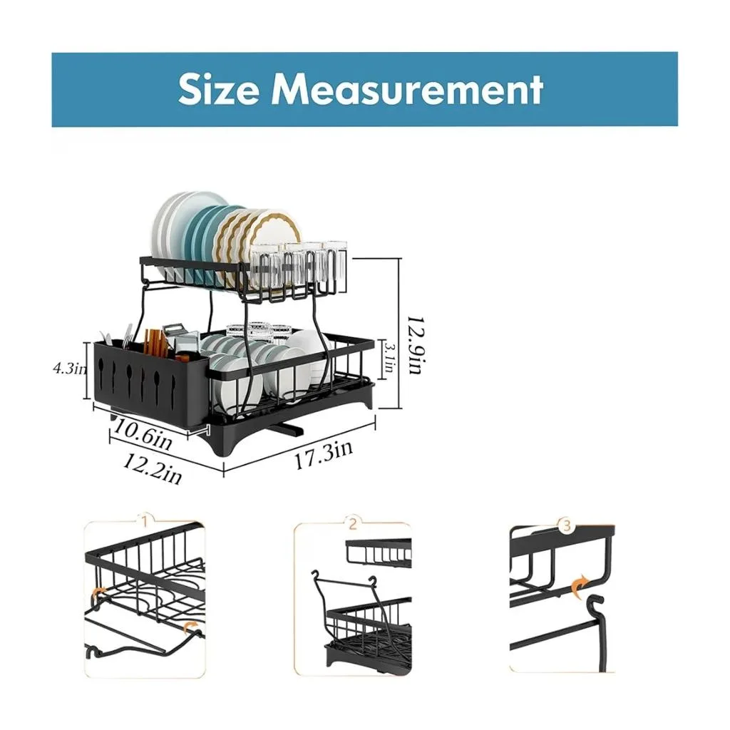 2-Tier Dish Drying Rack with Drainboard – Large Black Stainless Steel Dish Rack for Kitchen Counter