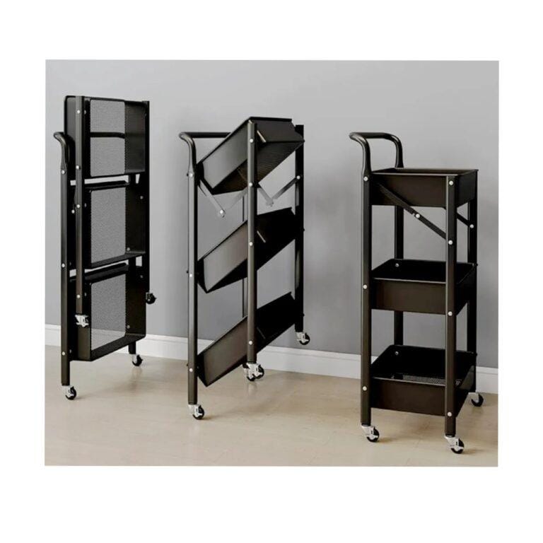 Foldable 3-Tier Metallic Utility Cart Organizer with Lockable Wheels – Heavy-Duty Kitchen Storage Rack