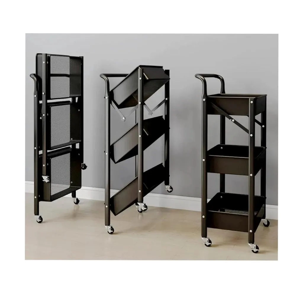 Foldable 3-Tier Metallic Utility Cart Organizer with Lockable Wheels – Heavy-Duty Kitchen Storage Rack
