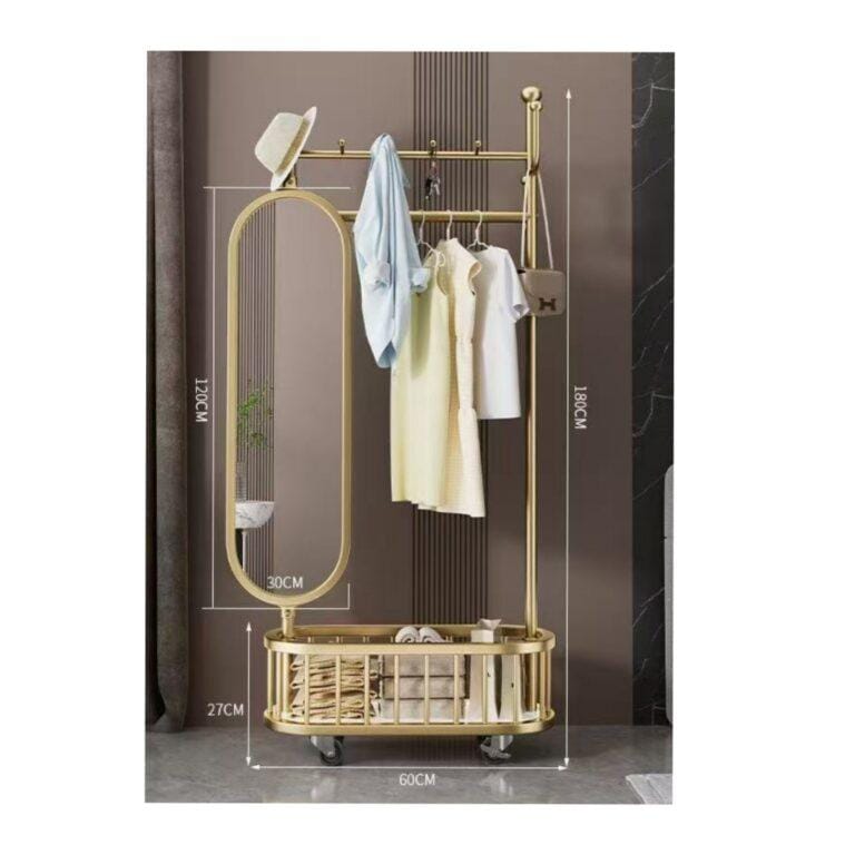 Gold Finish Cloth Hanger with Full-Length Mirror – Rolling Hall Tree with Hooks, Basket