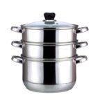 Wilson 3-Tier Stainless Steel Food Steamer Set – 26cm Silver | Universal Base, Cool-Touch Knobs, Glass Lid