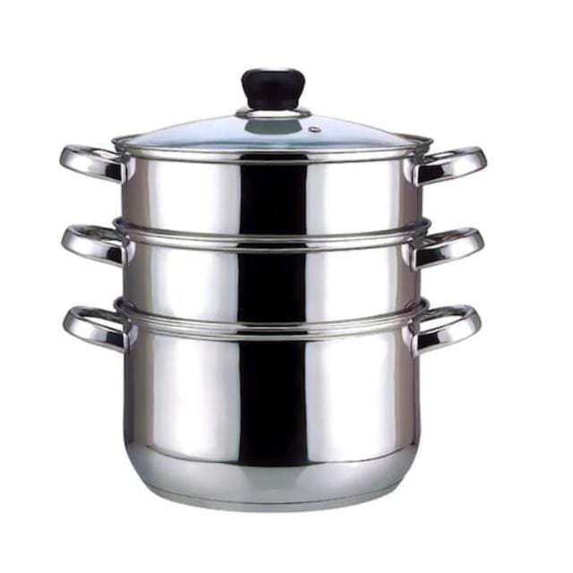 Wilson 3-Tier Stainless Steel Food Steamer Set – 26cm Silver | Universal Base, Cool-Touch Knobs, Glass Lid
