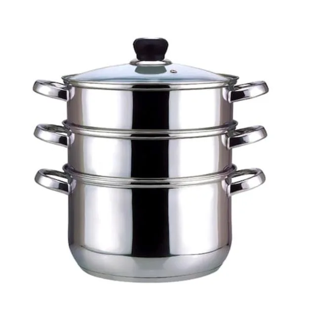 Wilson 3-Tier Stainless Steel Food Steamer Set – 26cm Silver | Universal Base, Cool-Touch Knobs, Glass Lid