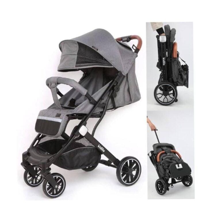 Kidilo Foldable Luxury Baby Stroller with Canopy, Storage & Travel Handle – Grey