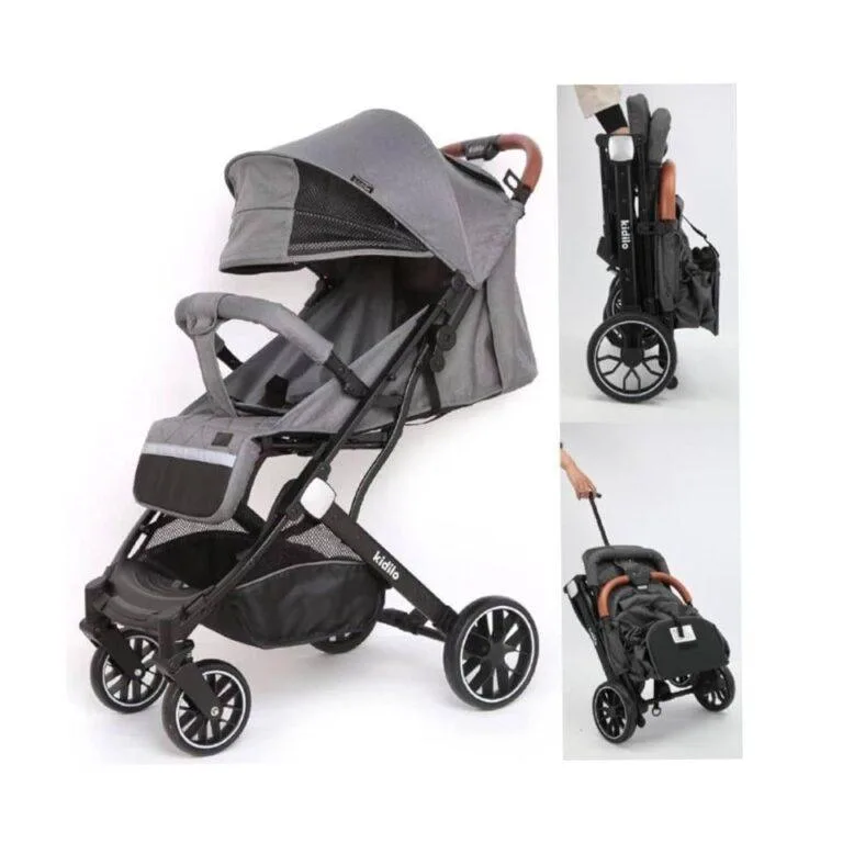 Kidilo Foldable Luxury Baby Stroller with Canopy, Storage & Travel Handle – Grey