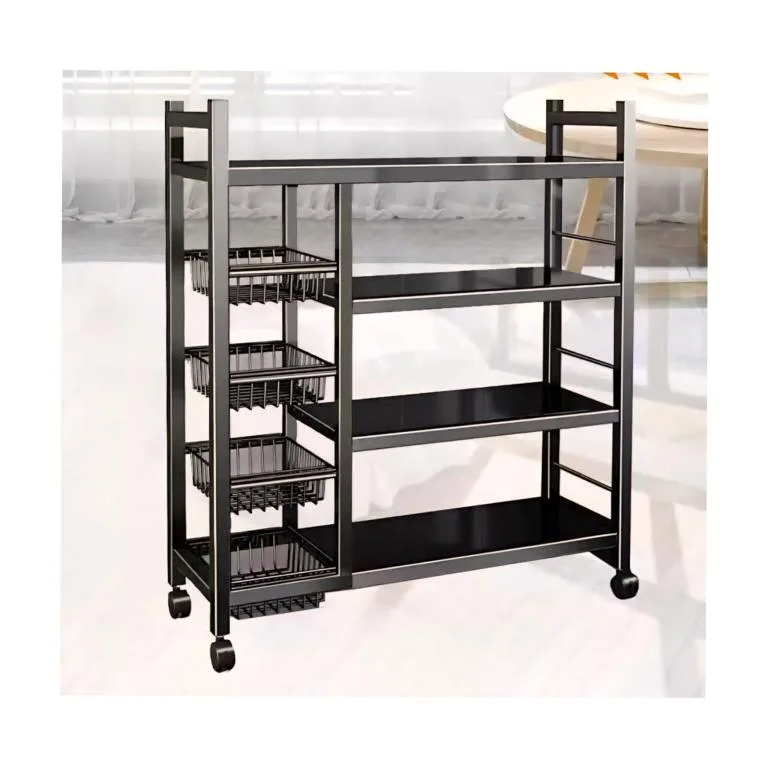 4-Tier Metal Kitchen Storage Rack with Wheels – Multipurpose Organizer Shelf with Mesh Baskets