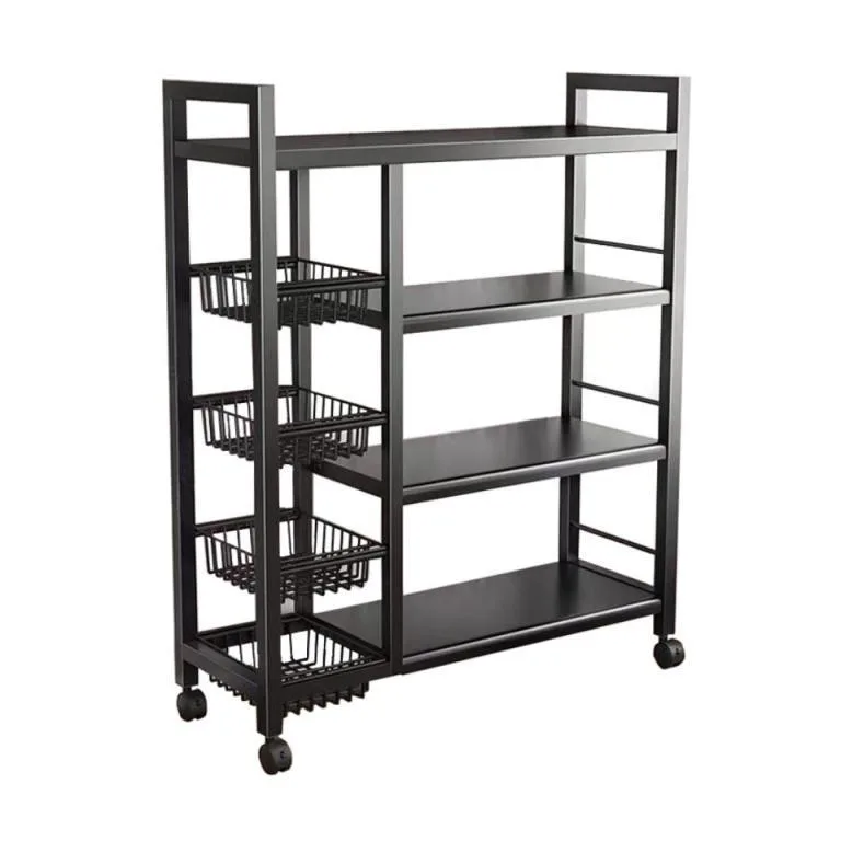 4-Tier Metal Kitchen Storage Rack with Wheels – Multipurpose Organizer Shelf with Mesh Baskets