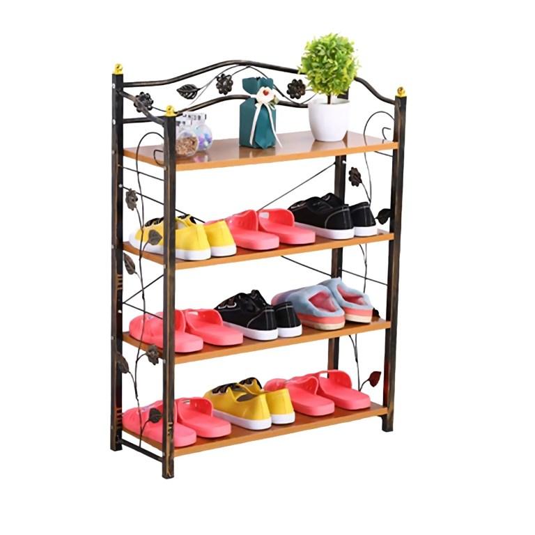4-Tier Decorative Shoe Rack – Wooden Shelves with Floral Metal Frame for Home Storage