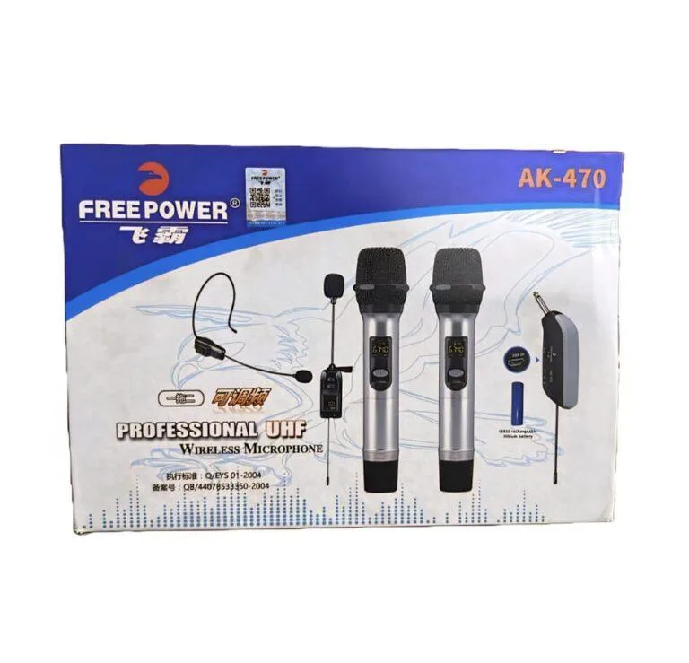 Free Power AK-470 UHF Wireless Microphone Dual Set with Rechargeable Receiver – Handheld & Waistband Mic