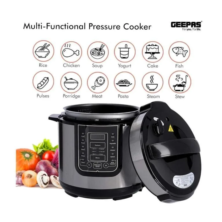 Geepas GMC5326N 6L Electric Pressure Cooker & Digital Multi-Cooker, 1000W, 14 Smart Programs, LED Touch Display