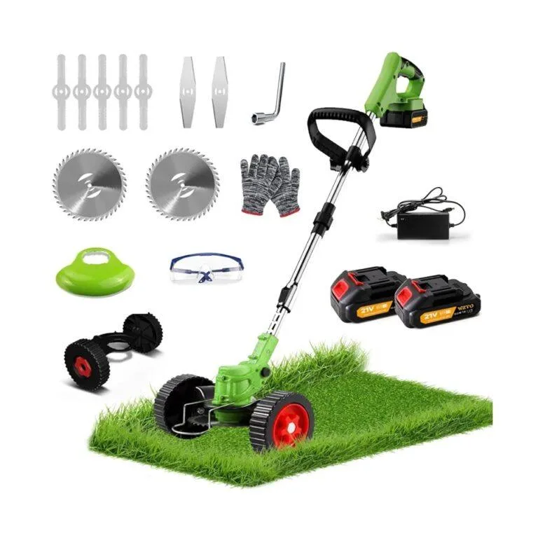 Rechargeable Cordless Grass Cutter, Lawn Mower & Brush Cutter – 3-in-1 Electric Grass Strimmer with 2x 2000mAh Batteries, Wheels