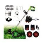 Rechargeable Cordless Grass Trimmer – Brush Cutter, Lawn Mower, Grass Cutter with 2 Batteries, Blades, Disc & Wheels