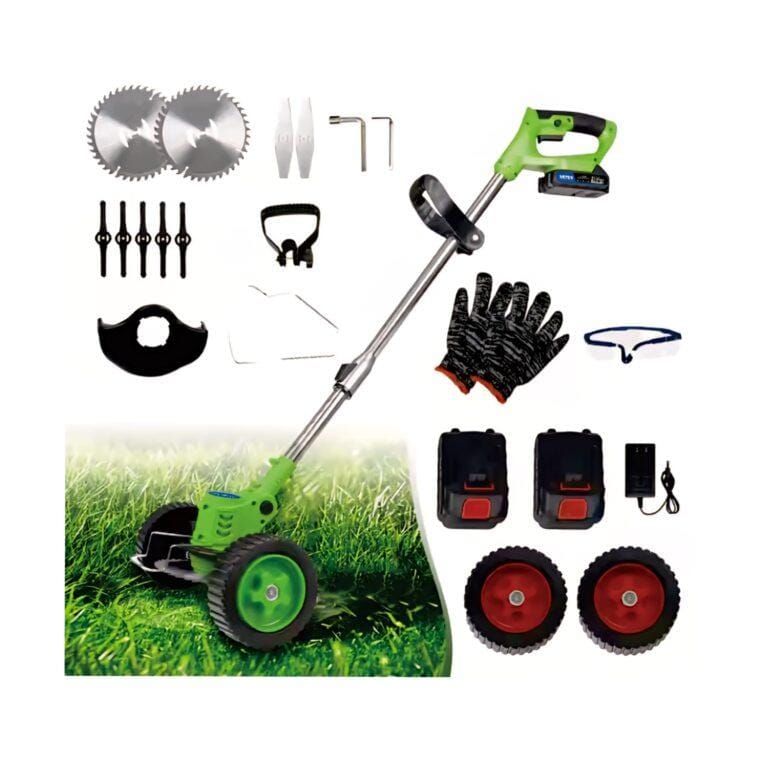 Rechargeable Cordless Grass Trimmer – Brush Cutter, Lawn Mower, Grass Cutter with 2 Batteries, Blades, Disc & Wheels