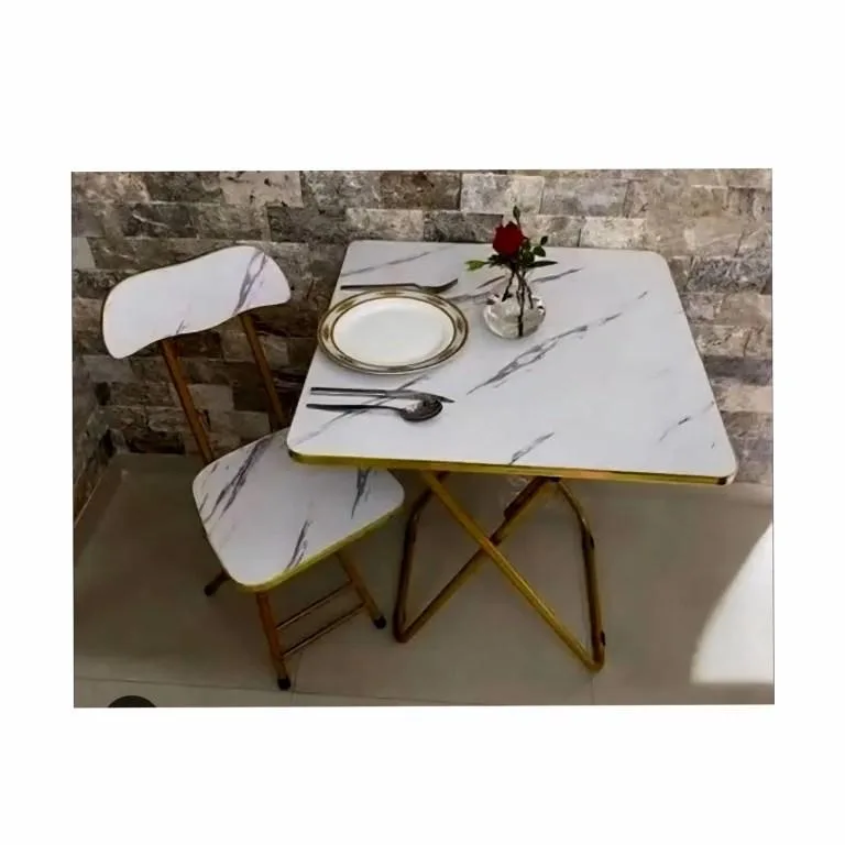 Foldable Marble-Look Reading Table and Chair Set – 1-Seater with Gold Frame