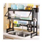 Over-the-Sink Dish Drying Rack – 85cm × 29cm × 10.9cm, Carbon Steel, Dustproof Cover, Heavy-Duty with Hooks & Knife Holder