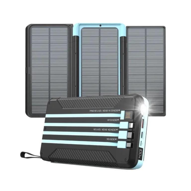 Powerology 16000mAh Solar Multi-Cable Power Bank – Fast Charging, Built-in Cables, LED Display, Flashlight PPBCHA70-BK– Black