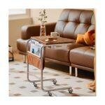 C-Shaped Sliding Side Table with Wheels & Storage Strap – 2-Tier End Table