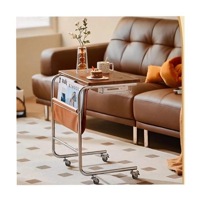 C-Shaped Sliding Side Table with Wheels & Storage Strap – 2-Tier End Table