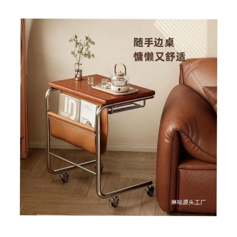 Quality C-Shaped Sliding Side Table with Wheels & Storage Strap – 2-Tier End Table
