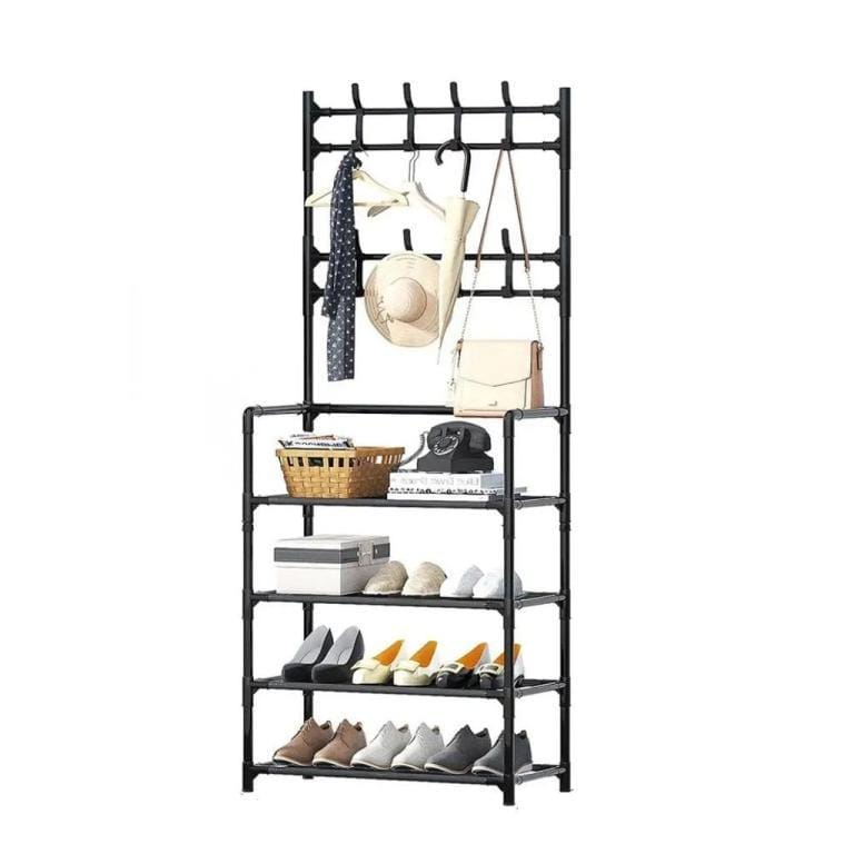 New Simple Stainless Steel Floor Clothes Rack with 4 Layer Shoe Storage – Black or White, 80x26.5x154cm