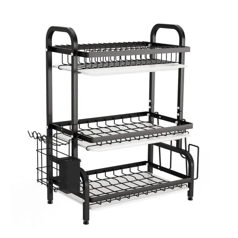 3-Tier Black Dish Drying Rack with Removable Drain Trays