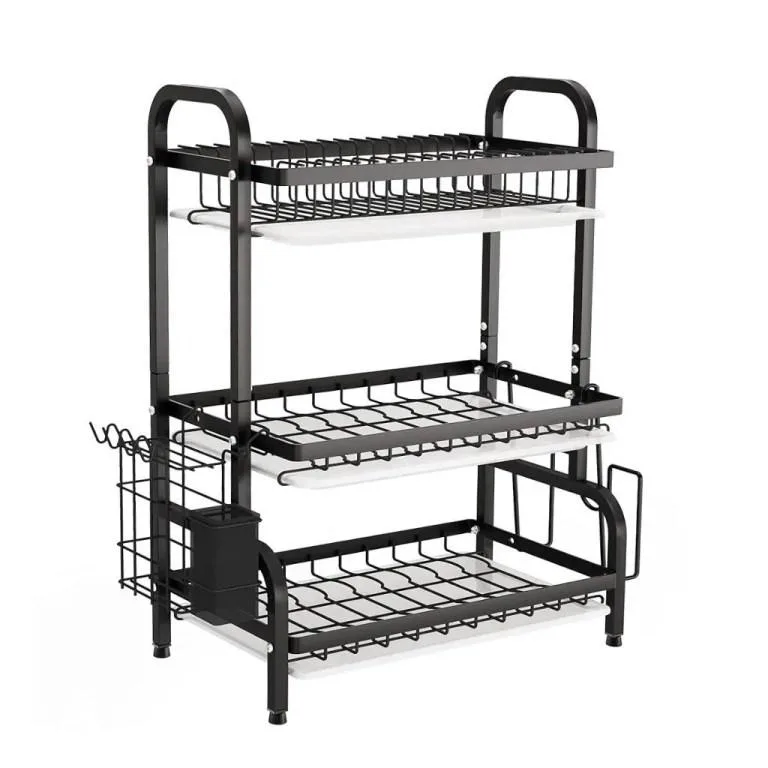 3-Tier Black Dish Drying Rack with Removable Drain Trays