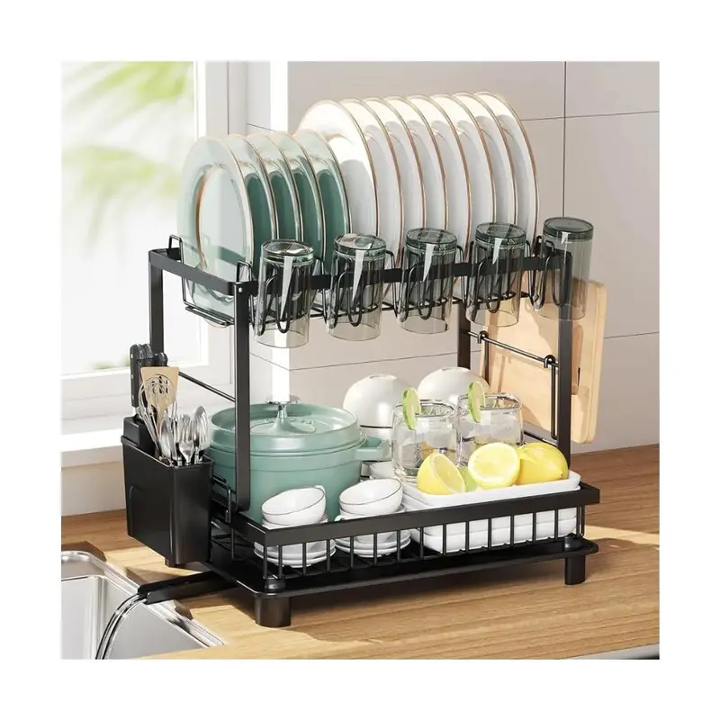 2-Tier Dish Drying Rack with Drainboard – Rustproof Carbon Steel ...