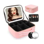 Portable Travel Makeup Organizer Cosmetic Bag– Travel Cosmetic Brush Storage Kit with Removable 3-Color LED Lighted Mirror