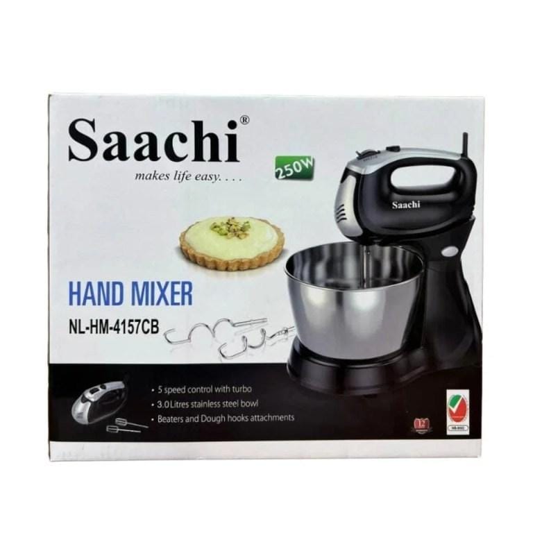 Saachi NL-HM-4157CB 3L Hand Mixer – 250W, 5 Speeds + Turbo, Stainless Steel Bowl – Beaters & Dough Hooks