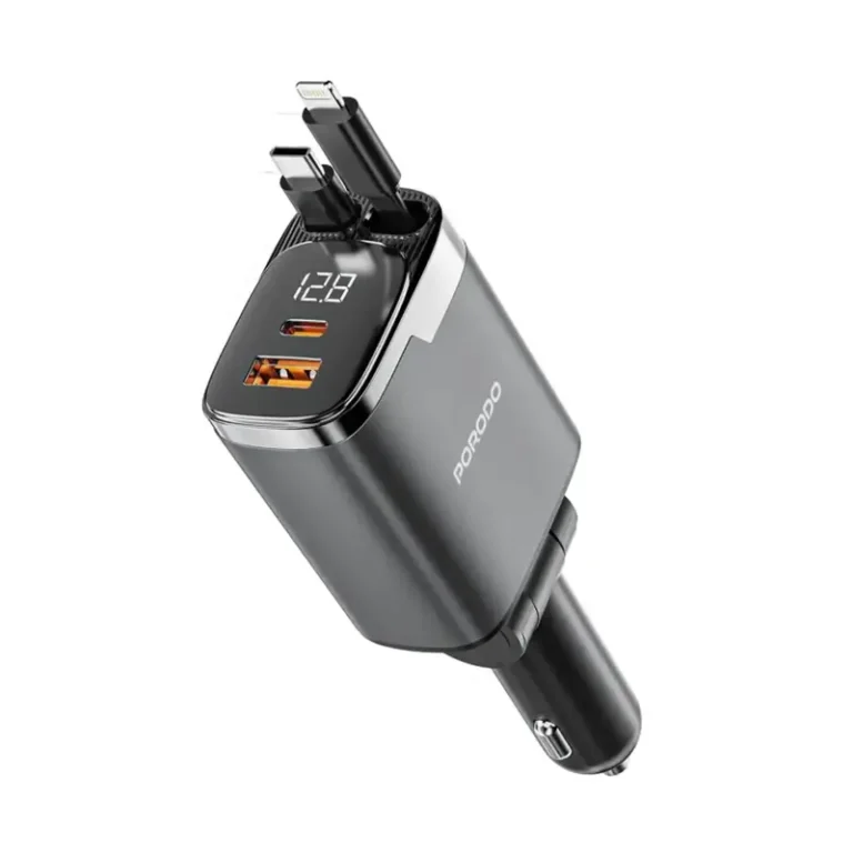 Porodo 111W Fast Car Charger with Dual Retractable Lightning & Type-C Cables