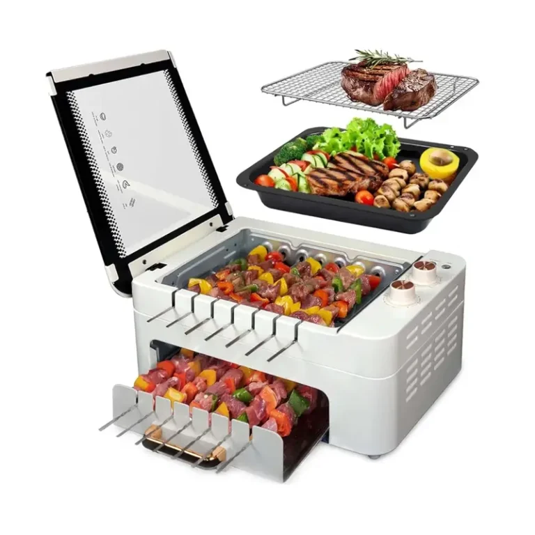 Indoor BBQ Kebab Skewers Grill – Smokeless Auto Rotating Electric Barbecue Grill with Rotisserie, 3-In-1 Tabletop Grill with Dual-Zone 1000W