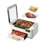Indoor BBQ Kebab Skewers Grill – Smokeless Auto Rotating Electric Barbecue Grill with Rotisserie, 3-In-1 Tabletop Grill with Dual-Zone 1000W
