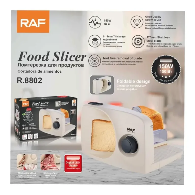 RAF R.8802 Electric Food Slicer – 150W Foldable Meat, Bread & Cheese Slicer with Adjustable Thickness