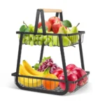 2-Tier Metal Wire Fruit Basket Stand with Wooden Handle – Kitchen Countertop Organizer (Black)