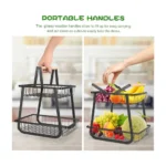 2-Tier Metal Wire Fruit Basket Stand with Wooden Handle – Kitchen Countertop Organizer (Black)