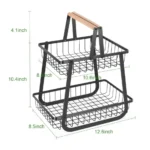2-Tier Metal Wire Fruit Basket Stand with Wooden Handle – Kitchen Countertop Organizer (Black)