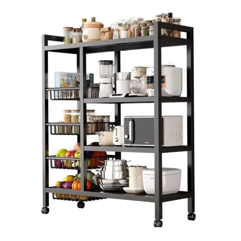 4 Tier Metallic Kitchen Storage Rack – Multi-Layer Mobile Organizer Shelf with Wheels (80/90/120 cm)