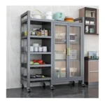 Kitchen Storage Rack with Glass Cabinet & Wire Baskets – Carbon Steel Microwave Stand with Wheels