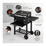 Portable Charcoal Barbecue Grill Trolley with Lid Thermometer, Side Shelves, Wheels & Adjustable Charcoal Tray Outdoor Barbecue Smoker Grill
