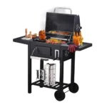 Portable Charcoal Barbecue Grill Trolley with Lid Thermometer, Side Shelves, Wheels & Adjustable Charcoal Tray Outdoor Barbecue Smoker Grill