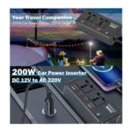 JBQ PulseDrive 200W Multifunctional Car Power Inverter Dual AC Outlets, USB & USB-C Fast Charging