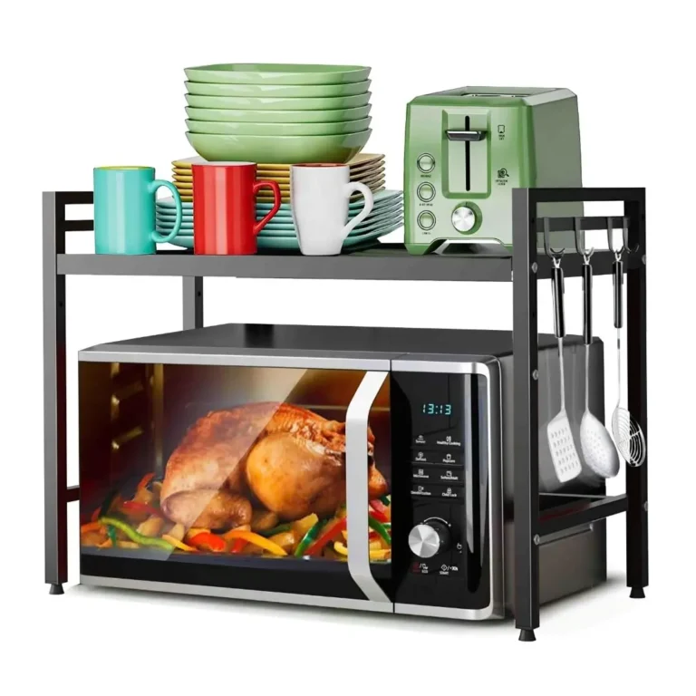 Expandable Microwave Oven Rack Carbon Steel Countertop Shelf with Hooks
