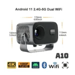 A10 Android Smart Mini Projector 720p HD, 4K Video Support, Wi-Fi, Bluetooth
