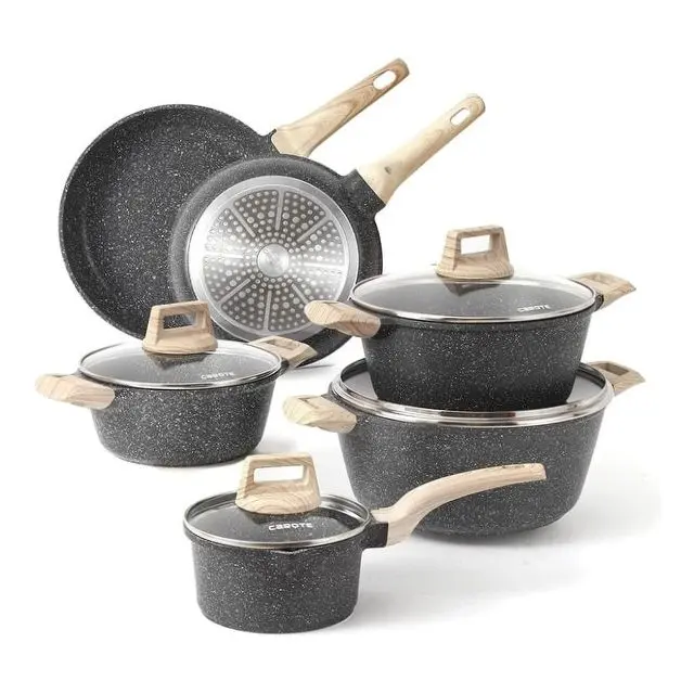 Carote pans set6 CAROTE 10-Piece Nonstick Granite Cookware Set – Pots, Pans & Lids for All Hobs (Aluminum, Black)
