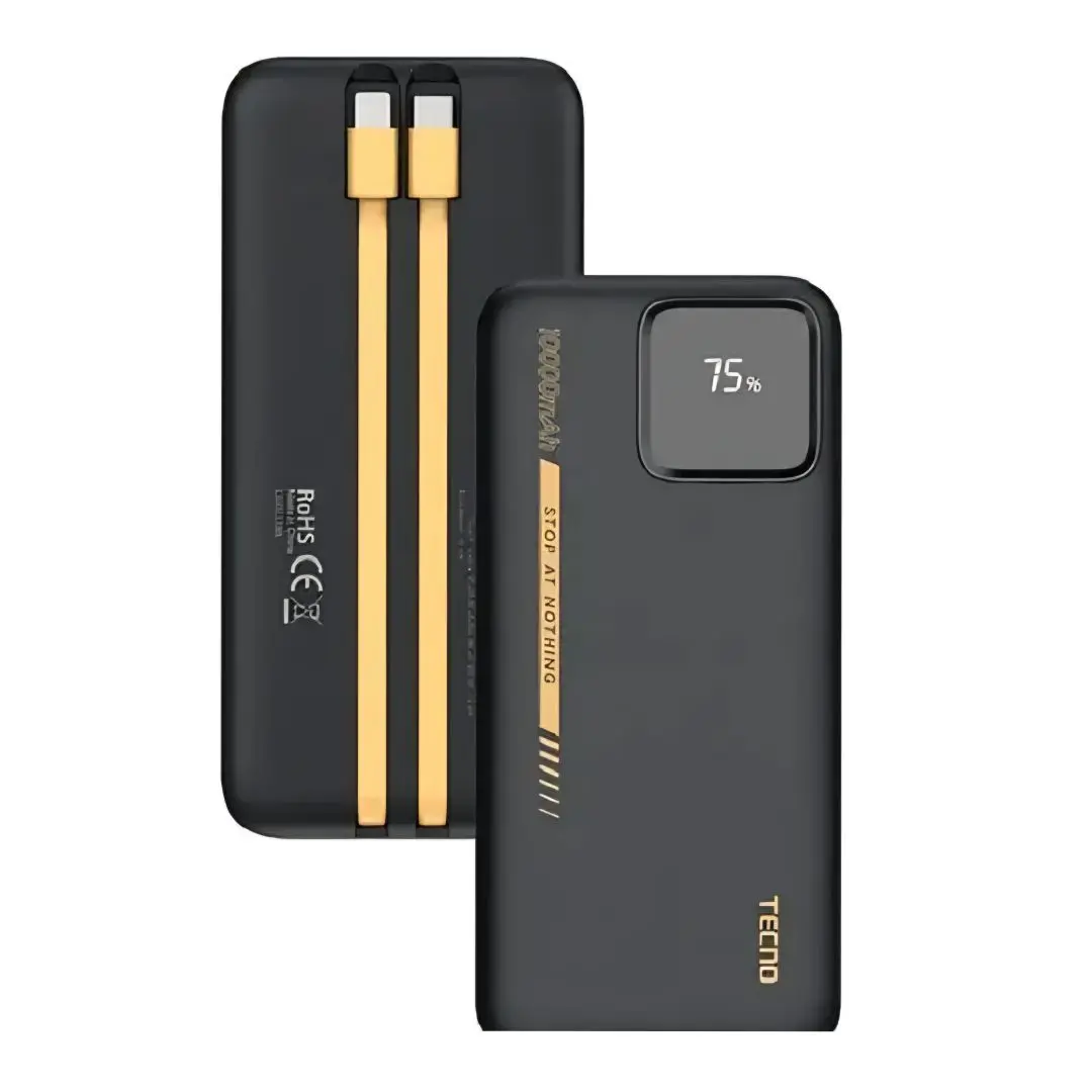 Tecno 10000mah power bank1 Tecno TPB-103 10000mAh Ultra Tank Power Bank – 10000mAh Power Bank with LED Display, Fast Charging & Built-in Cables