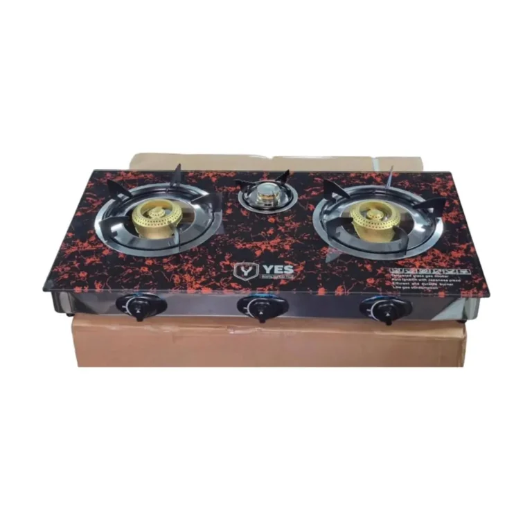 YES 3-Burner Tempered Glass Gas Stove – Auto Ignition, Brass Burners, Low Gas Consumption